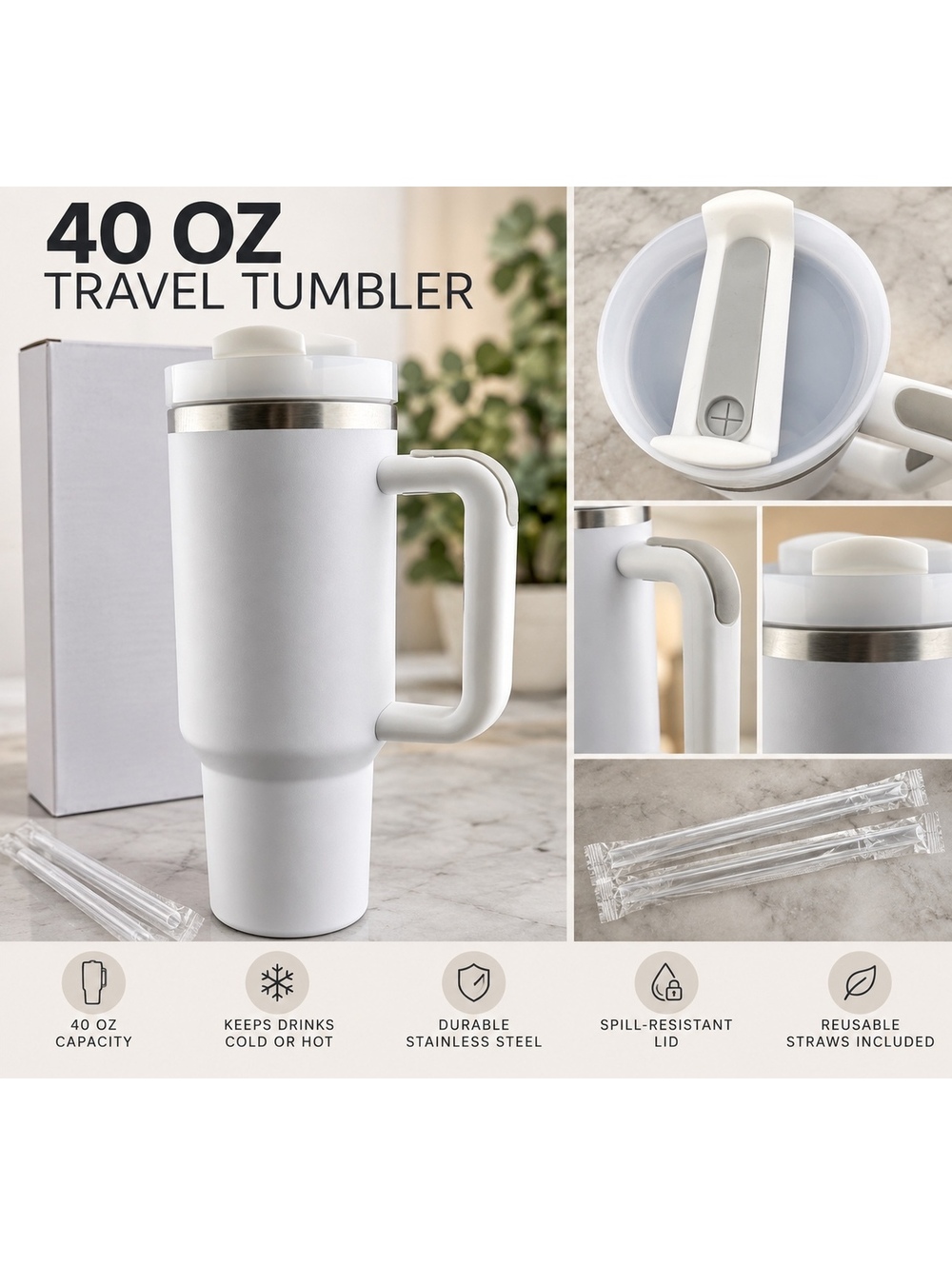 40 oz White Travel Tumbler with Handle and 2 straws